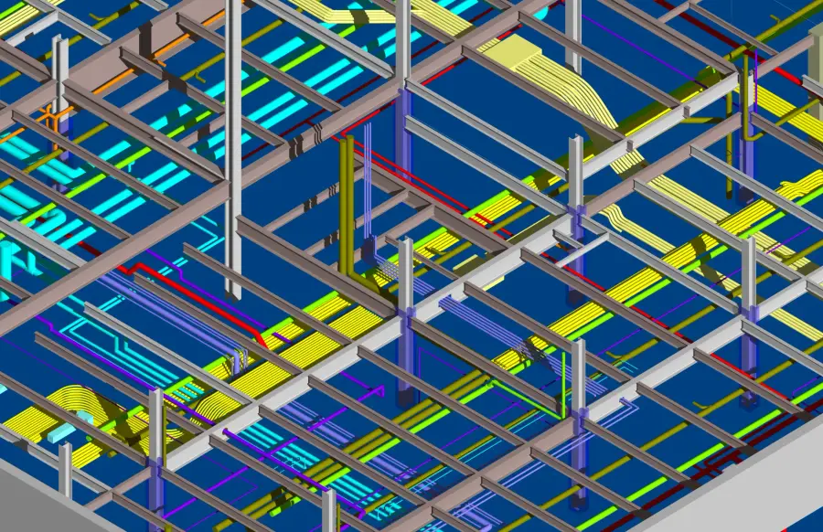 Isometric MEP coordination view with structural steel