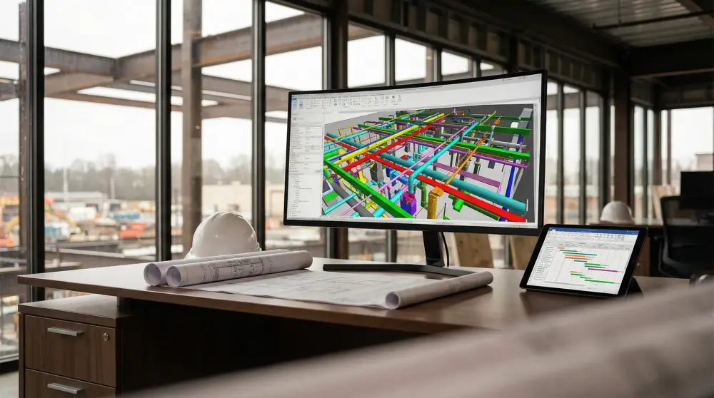 Construction project office with BIM model on screen