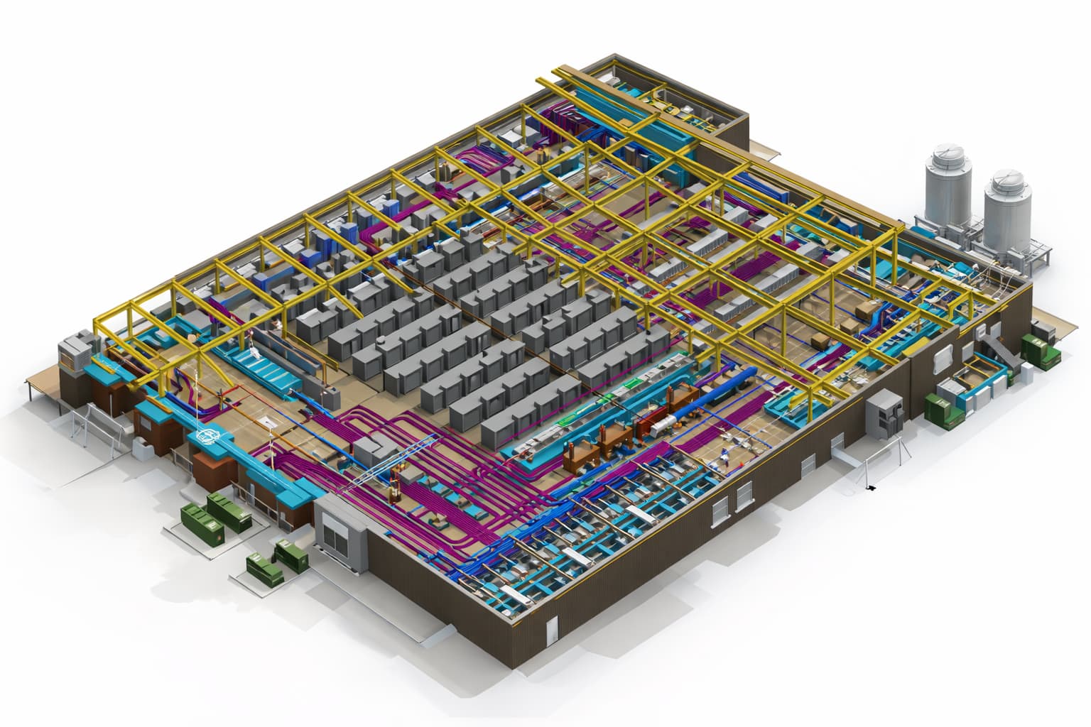 Data center BIM model showing dense MEP routing, structural steel, and equipment yard